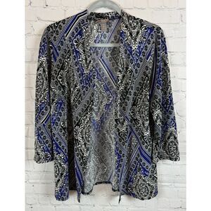 CHICO'S TRAVELERS black blue white gathered knit open front cardigan sweater 1 M